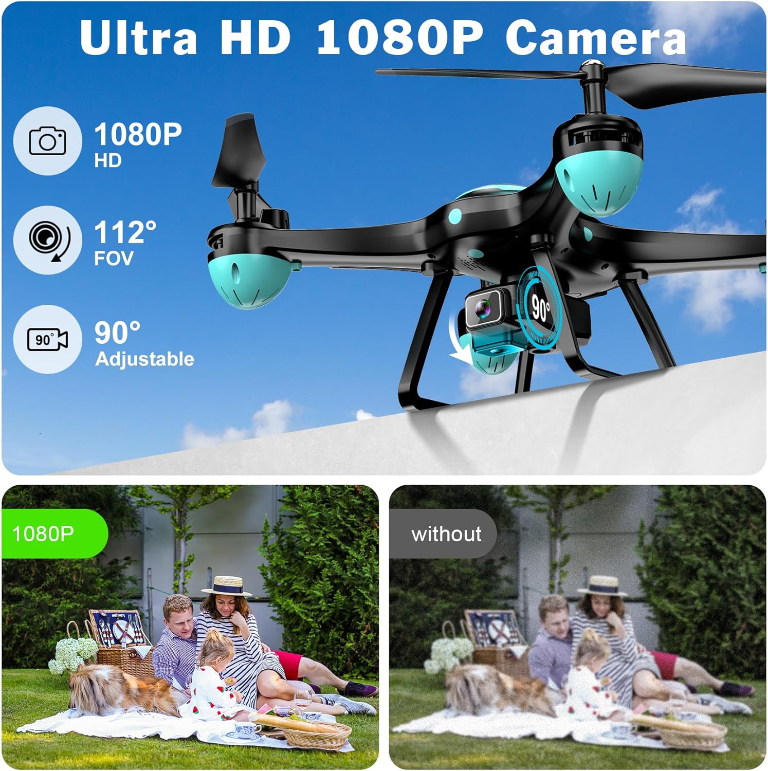 Drone with 1080P Camera for Beginners, Remote Control Quadcopter with Gestures Selfie, Altitude Hold, One Key Start, 3D Flips, 2 Batteries, Toy for Beginners, Black