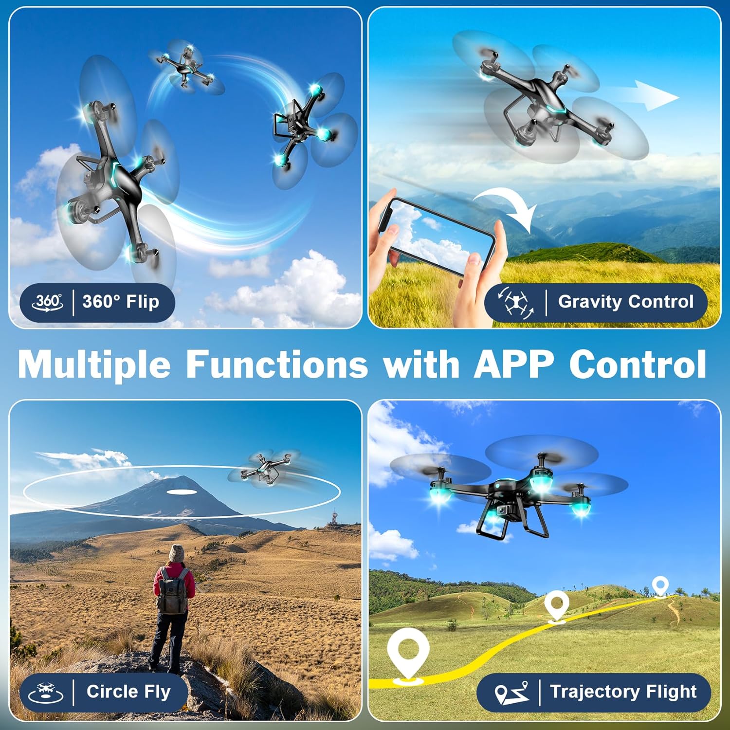 Drone with 1080P Camera for Beginners, Remote Control Quadcopter with Gestures Selfie, Altitude Hold, One Key Start, 3D Flips, 2 Batteries, Toy for Beginners, Black