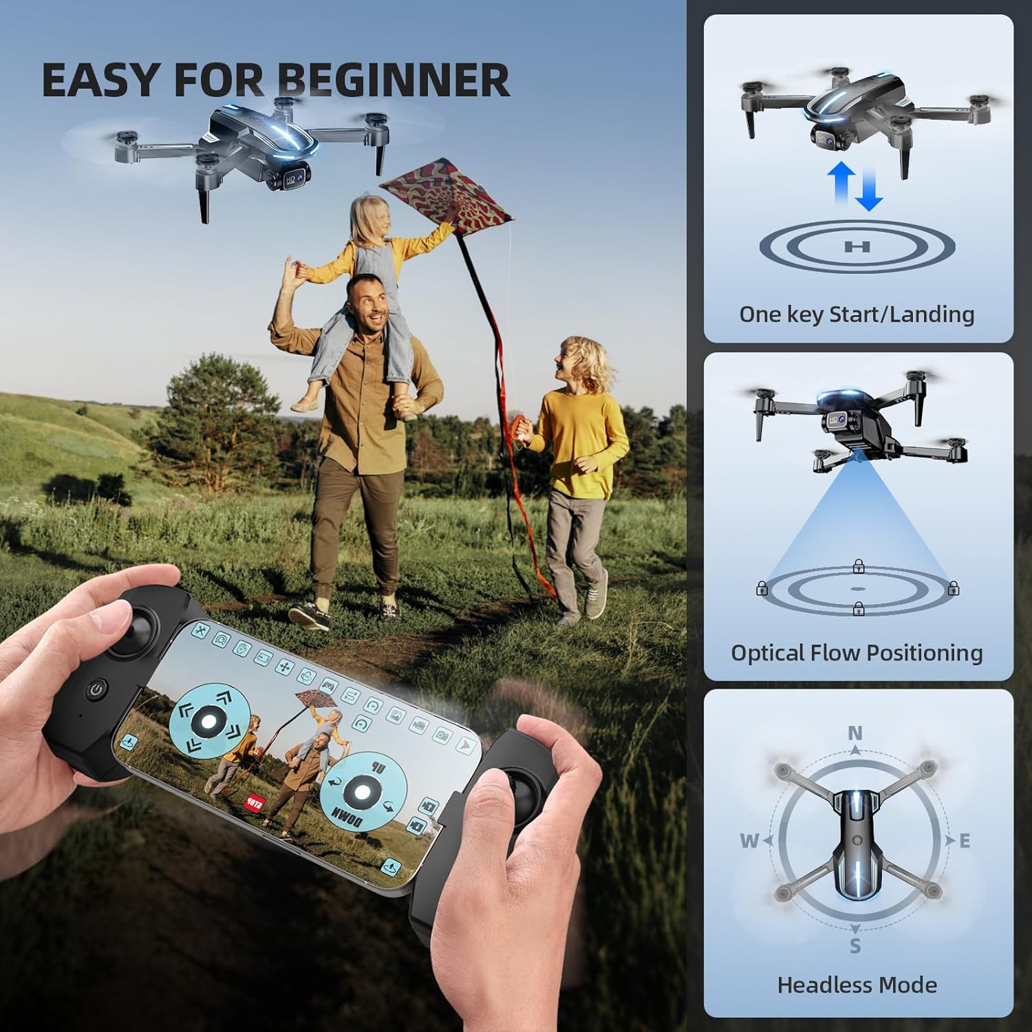 Drone with Camera 1080P HD FPV Foldable Mini Drone for Beginners Kids Adults, Drone with One Key Take Off/Landing, Gesture Selfie, Altitude Hold, 3D Flip, Easy to Fly, 2 Batteries, Toys for Boys Girls