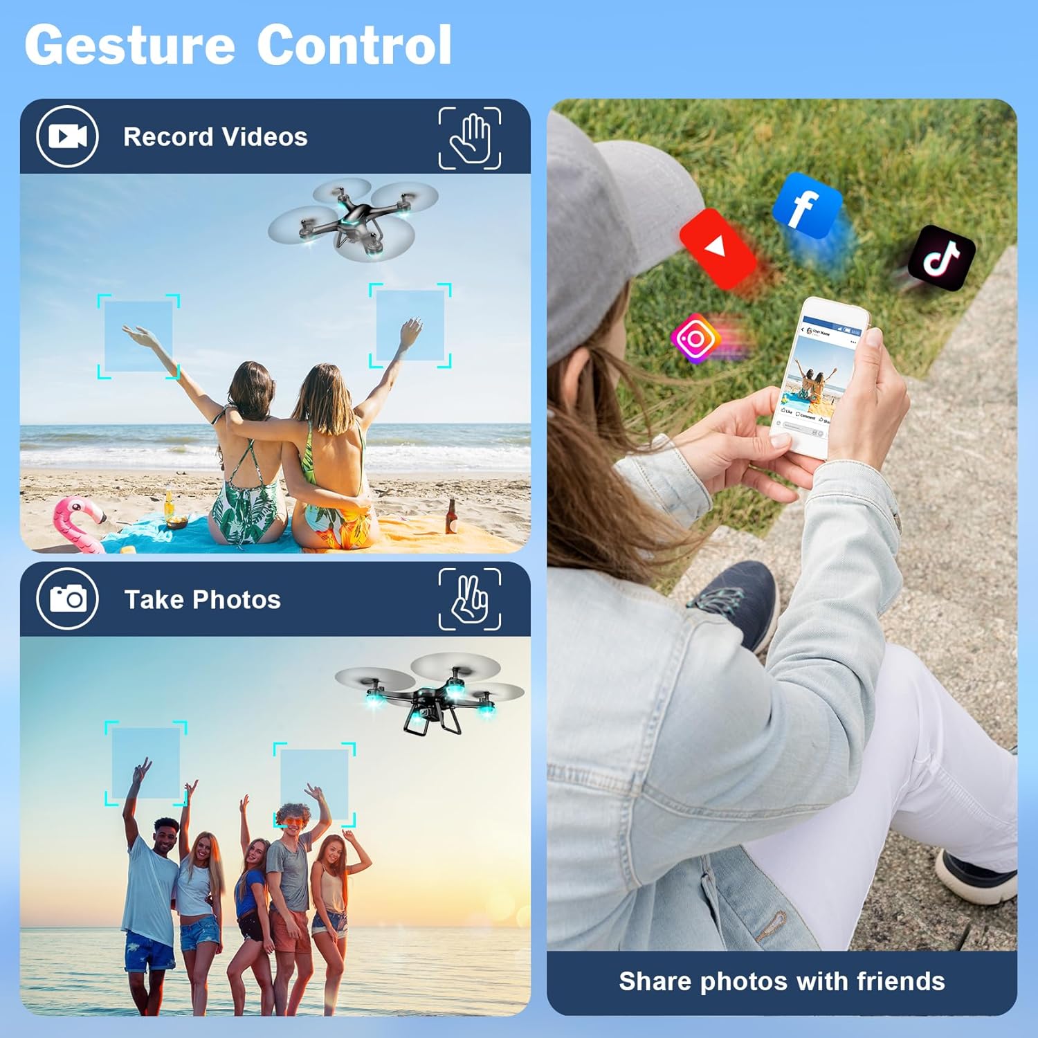 Drone with 1080P Camera for Beginners, Remote Control Quadcopter with Gestures Selfie, Altitude Hold, One Key Start, 3D Flips, 2 Batteries, Toy for Beginners, Black