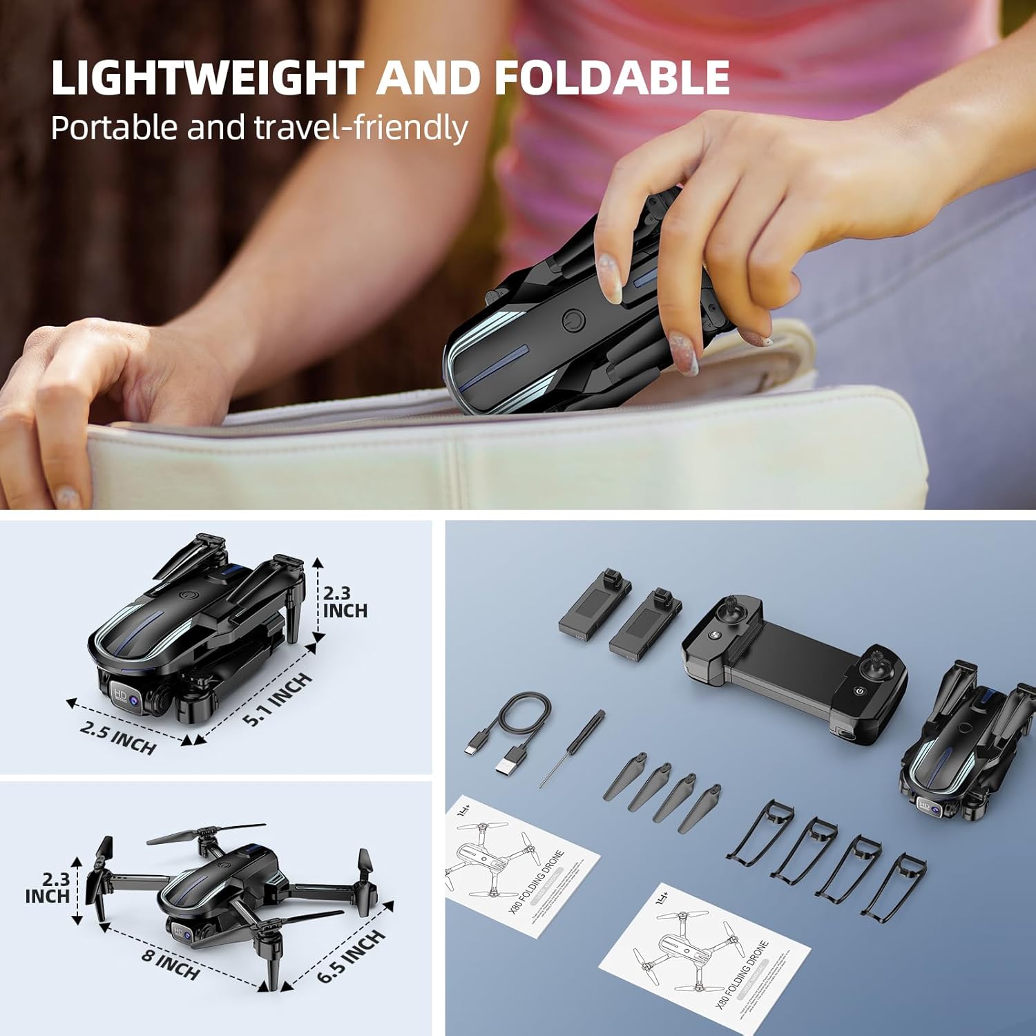 Drone with Camera 1080P HD FPV Foldable Mini Drone for Beginners Kids Adults, Drone with One Key Take Off/Landing, Gesture Selfie, Altitude Hold, 3D Flip, Easy to Fly, 2 Batteries, Toys for Boys Girls